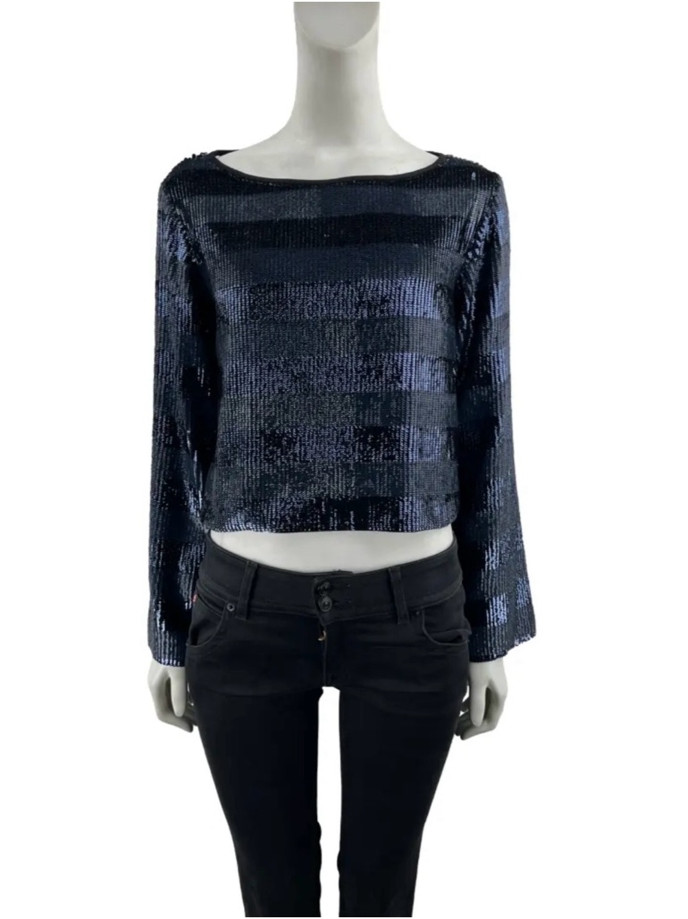 Zara Navy Sequin Long-Sleeve Crop Top